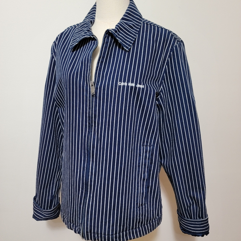 Trucker Jacket Calvin Klein Navy & White Striped Collared Medium Unisex Utility - Picture 14 of 16